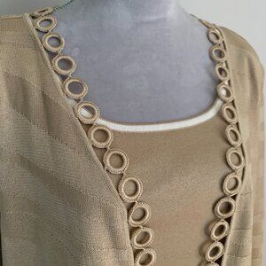 Ming Wang 3pc Set Cardigan Sweater, Shell Tank, Skirt Fawn Crochet Trim Sz XL